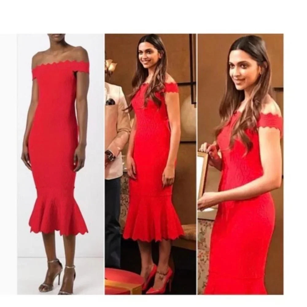 Jonathan Simkhai Off the Shoulder Cocktail Mermaid Stretch Knit Dress Red Sz S - Picture 3 of 9